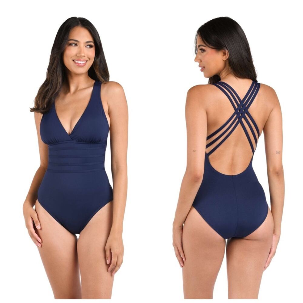 La Blanca NEW Island Goddess Multi-Strap Cross-Back One Piece Indigo Blue Sz 16